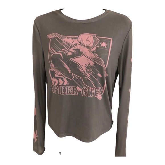 Marvel’s Spiderman Gwen olive green brown pink graphic print sheer mesh top sz L - Picture 9 of 16